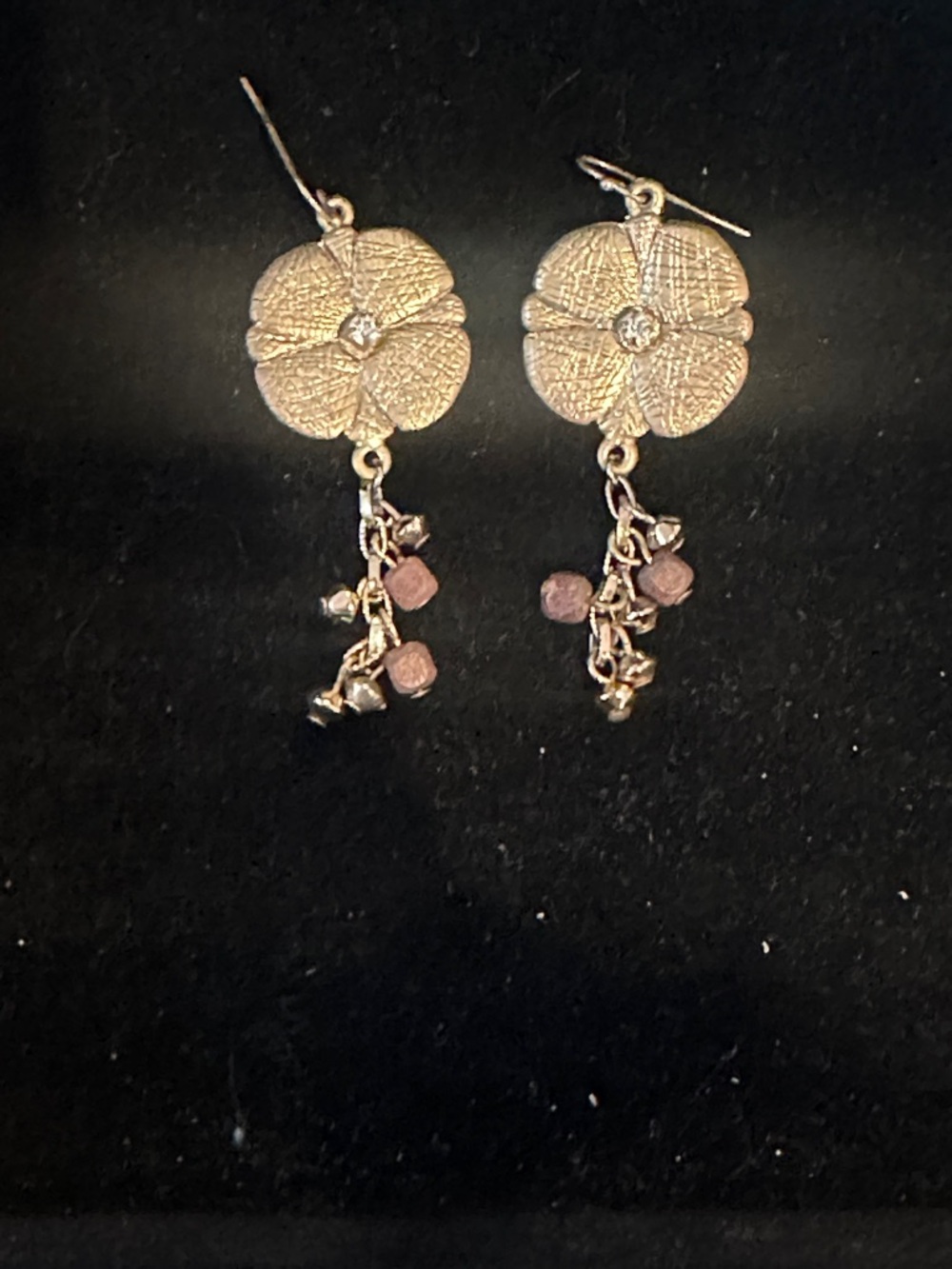 Gold Floral Drop Earrings with Pink Bead Accents